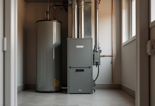 Installation of a new residential furnace in a utility room in Richmond.