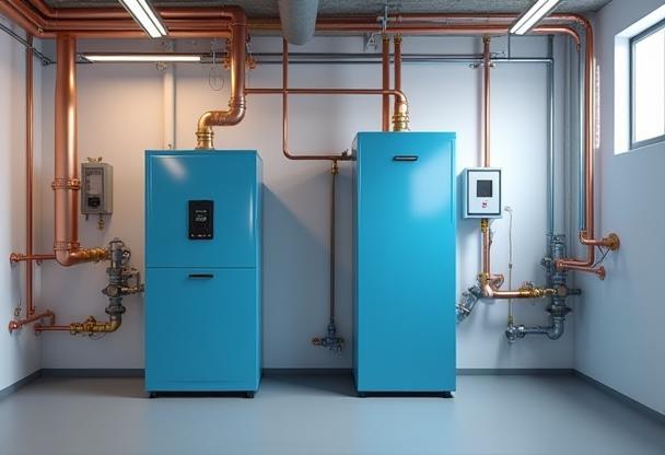 Installation of new central heating boilers in a strata building mechanical room in Surrey.
