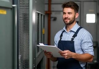 Technician assessing an HVAC system with a clipboard.
