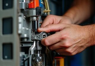 Technician carefully installing a new HVAC unit component.