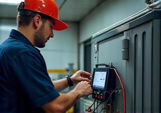 Technician testing an HVAC system with diagnostic tools.