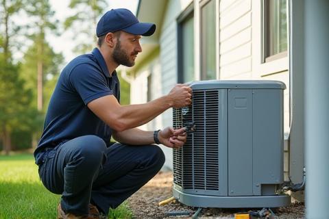 Technician installing an outdoor air conditioning unit.