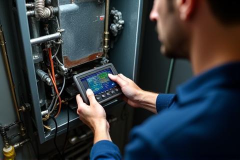Technician diagnosing an issue with an indoor air conditioning unit.