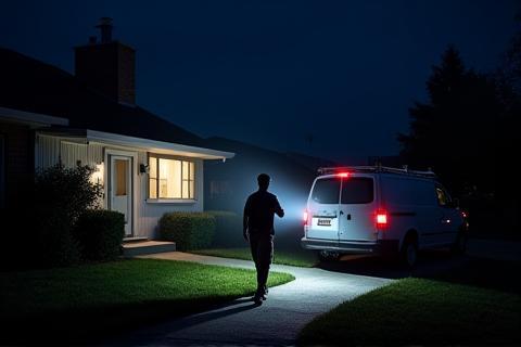 Technician arriving at a house at night with a flashlight.