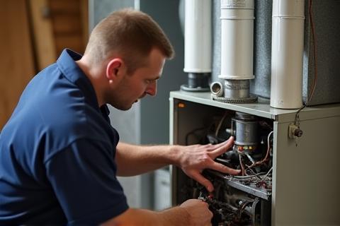 Technician performing maintenance on a furnace.
